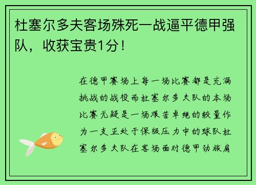 杜塞尔多夫客场殊死一战逼平德甲强队，收获宝贵1分！